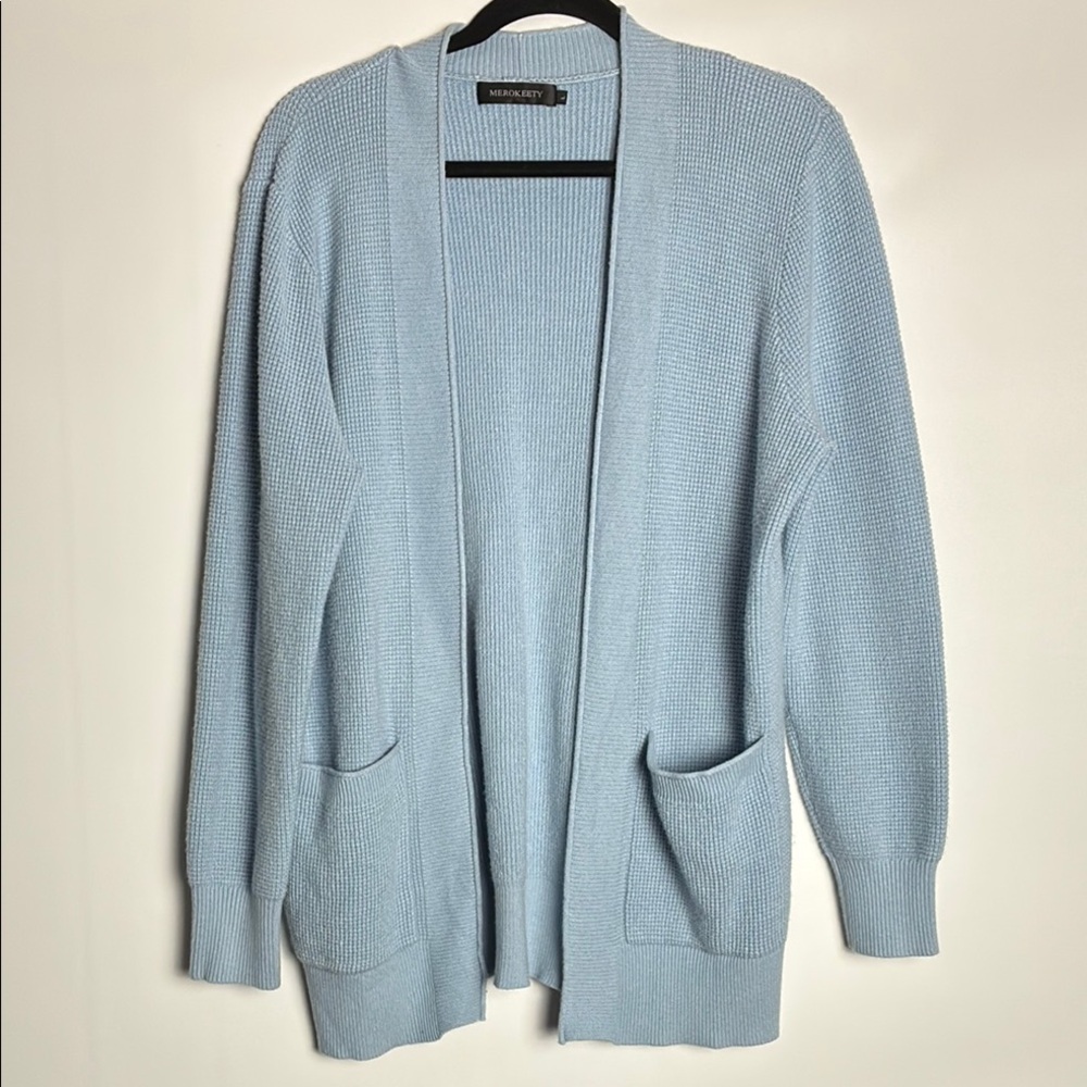Blue Open Front Knit Cardigan with Pockets